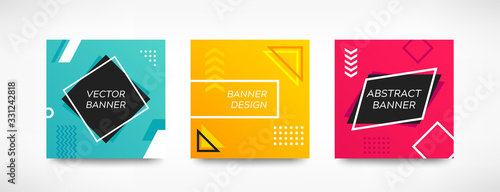 Geometric shapes square banner set. Abstract modern color background collection. Minimal elements design. For web, cover, flyer, header, page, brochure, social media. Vector illustration