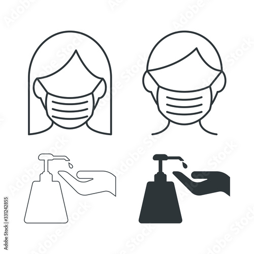 Antiseptic vector, medical mask,  Hygiene hand care. Washing hands, anti bacterial soap, use sanitary antiseptic.  Coronavirus protection concept.