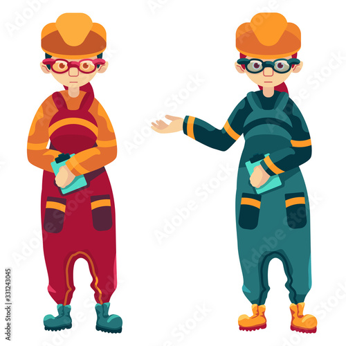 Women workers on white isolated backdrop. Female engineer sticker set for financial or web news site, business poster, info card. T shirt or hoody print. Cartoon style Stock vector illustration © Anna