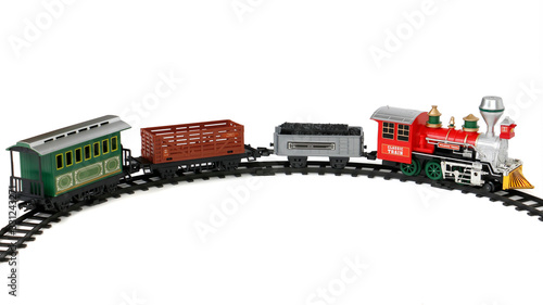 Toy train on tracks isolated on white background