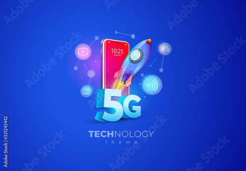 5G technology speed and Rocket takeoff. Mobile display smartphone turbo speed action blue background illustration