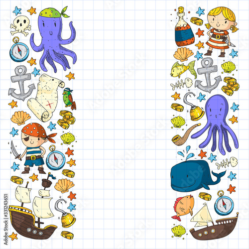Pirate party. Illustrations for little children. Kids birthday celebration with treasure island, octopus, pirates