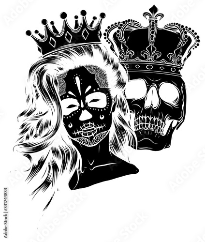 Skull King and Queen vector. Love skull couple. illustration