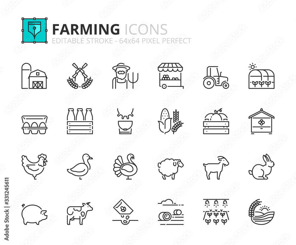 Simple set of outline icons about farming - obrazy, fototapety, plakaty 