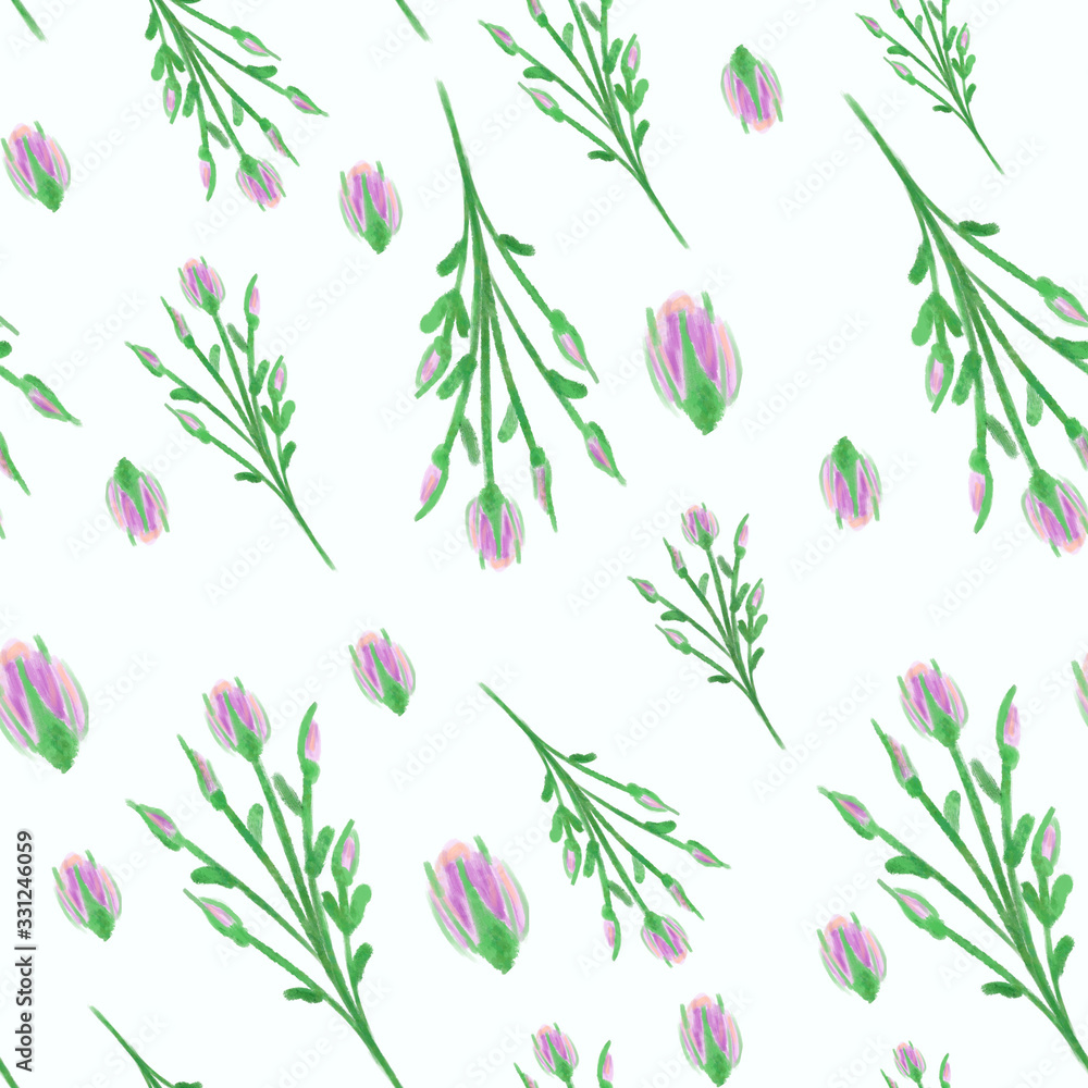 Pink bush rose blossoms, branches and leaves on white background. Seamless pattern. Elegant spring print. Packaging, wallpaper, textile design Pink bush rose blossoms, branches and leaves on white background. Seamless pattern. Elegant spring print. Packaging, wallpaper, textile design