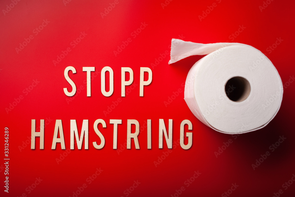stopp hamstring norwegian word toilet paper text wooden letter on red