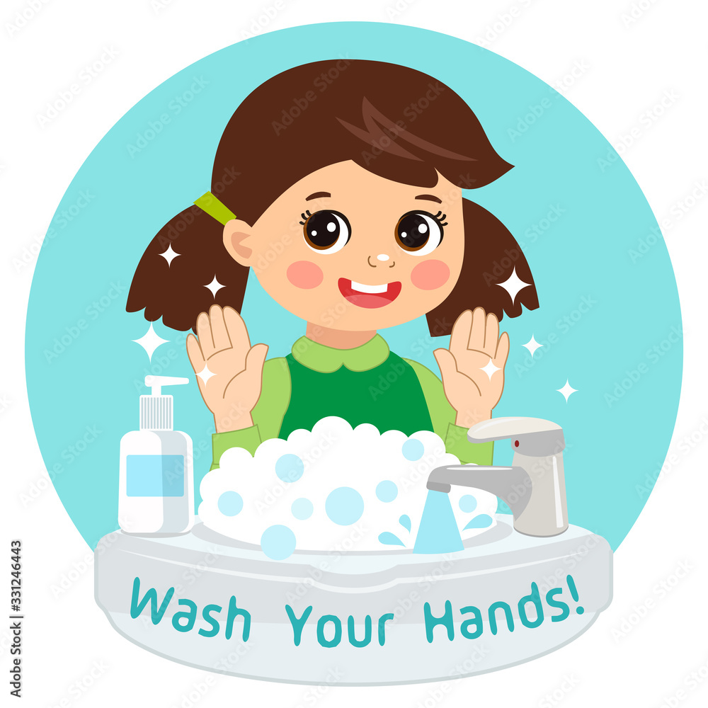 Cute Young Girl washing hands in the sink. Vector Illustration Of Washing  Hands with Antibacterial hand sanitizer, in cartoon flat illustration  vector isolated. Wash you hands banner for kids. Stock Vector |