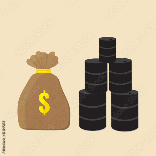 Money bag and barrels of oil. Price of oil concept. Vector stock illustration.