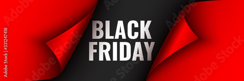 Black Friday poster. Red ribbon with curved edges on black background. Sticker. Vector illustration.