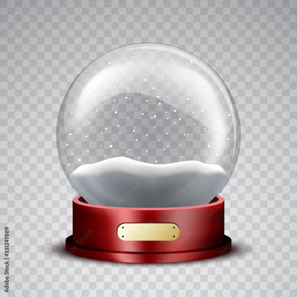 Christmas snow globe with wooden stand and snowflakes on transparent