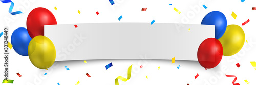 White birthday banner with balloons and confetti. Vector illustration.