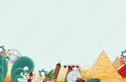 Passover background. Happy Pesach backdrop, invitation template, greeting card. Jewish traditional passover icons. plate, four wine glass,matzah, star of David,pyramid, sea. Happy Passover holiday.