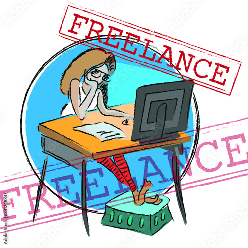 freelancer girl working at a computer sketch