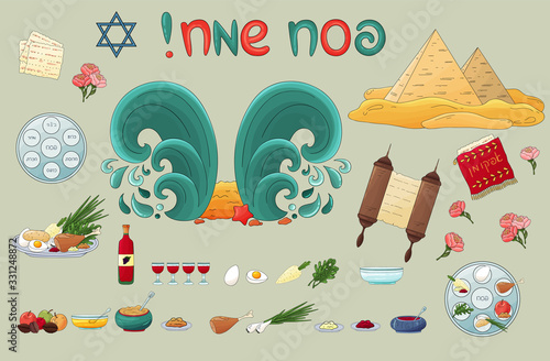 Happy Passover jewish traditional pesach icons, decorated elements. Passover plate, four wine glass,matzah, star of David,flowers, food, pyramid, sea, miracle. Passover symbols collection, pesach in h
