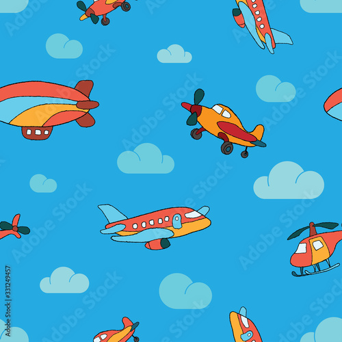 Seamless pattern of air transport on a blue background with clouds. Illustration for textiles and wallpaper design.