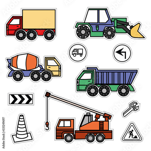 cartoon colored machines. concrete mixer, crane, dump truck , bulldozer, signs. stickers with a cutting outline, on a white isolated background