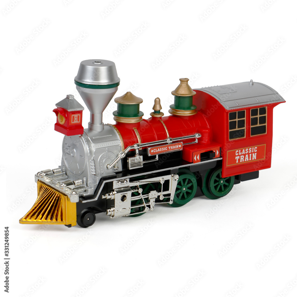 Toy train locomotive isolated on white background