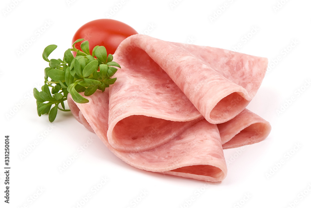 Smoked sausage slices, thinly sliced sausage, isolated on white background Smoked sausage slices, thinly sliced sausage, isolated on white background