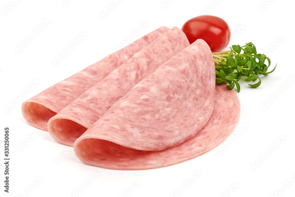 Thin salami sausage slices, isolated on white background Thin salami sausage slices, isolated on white background
