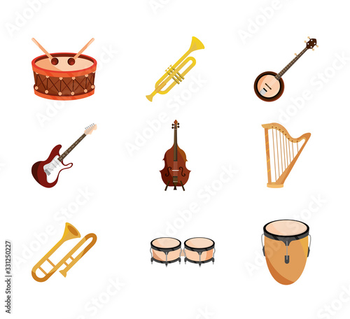 musical instruments string wind percussion icon set isolated icon