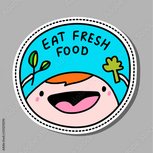 Eat fresh food hand drawn vector illustration pin sticker patch man happy holding broccoli and spinach