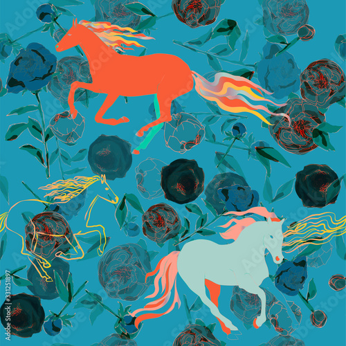 Horses and leaves, stems and inflorescences of peonies and roses vector illustration. Picture with pink, blue and white flowers on black background. Endless pattern.