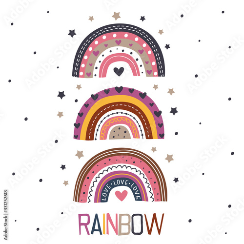 poster with three beautiful rainbows - vector illustration, eps    
