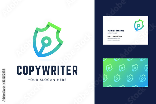 Pen symbol logo and business card. Logotype for copyrighters, bloggers, writers, journalists. Vector illustration in modern gradient line origami style.