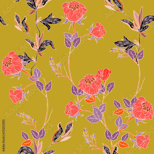 Delicate pink twigs of wild roses with inflorescences, leaves and petals on a dark blue background. Floral seamless pattern.