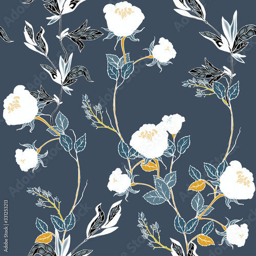 Delicate pink twigs of wild roses with inflorescences, leaves and petals on a dark blue background. Floral seamless pattern.
