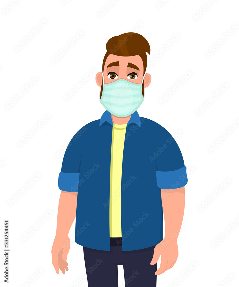 Young hipster man covering mouth with medical mask. Trendy person wearing hygienic face protection against infection or pollution. Stylish male character design illustration in vector cartoon style. Young hipster man covering mouth with medical mask. Trendy person wearing hygienic face protection against infection or pollution. Stylish male character design illustration in vector cartoon style.