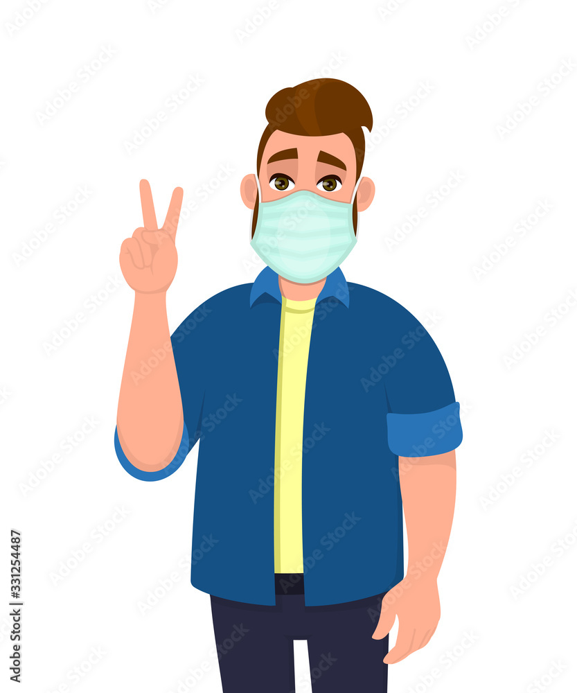 Trendy young man covering face with medical mask and showing victory, peace sign. Hipster person wearing hygienic facial protection and gesturing success symbol. Cartoon illustration in vector style.