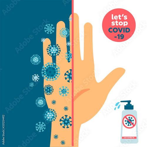 KEEP YOUR HANDS CLEAN and clean and dirty hand concept. One half is dirty hand fully with coronavirus germs and one is very clean. Banner about hygiene. Novel disease COVID-19, 2019-nCoV, MERS-Cov