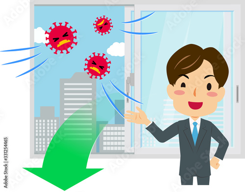部屋の空気を入れ替えてウイルスを追い出している男性のイラスト