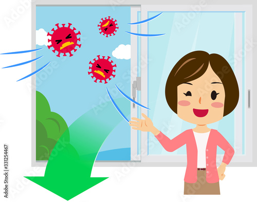部屋の空気を入れ替えてウイルスを追い出している女性のイラスト