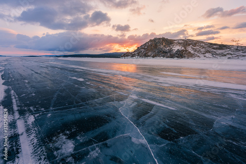 Lake Baikal beautiful winter, amazing natural scenery.