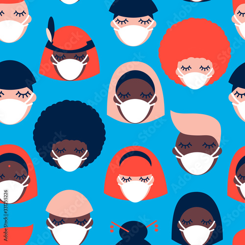 Coronavirus pandemic. Covid-19. seamless pattern with people of different nationalities in white medical face masks