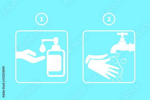 Steps for washing hands. Use liquid soap and wash your hands thoroughly. How to wash your hands properly. Stay away from germs. Protection from coronavirus. Covid-19 Flash.Vector icons in flat style
