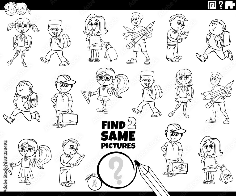 find two same pupils kids characters color book page