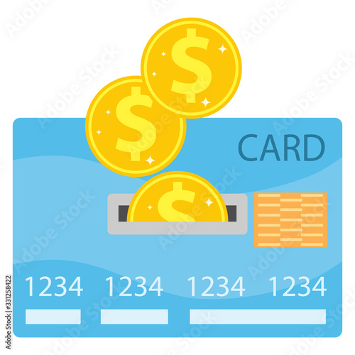Credit card recharge. Gold coins replenish credit card. Vector illustration.