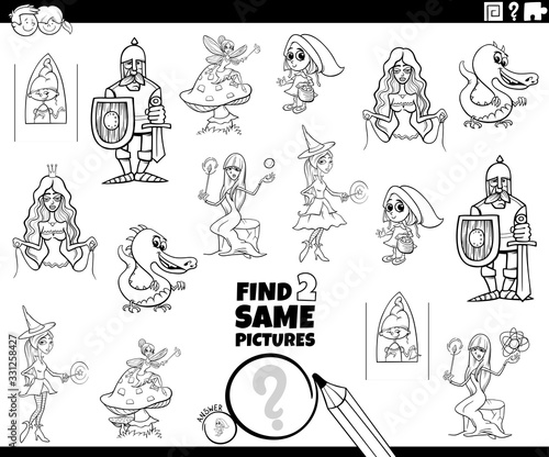find two same fantasy characters coloring book page