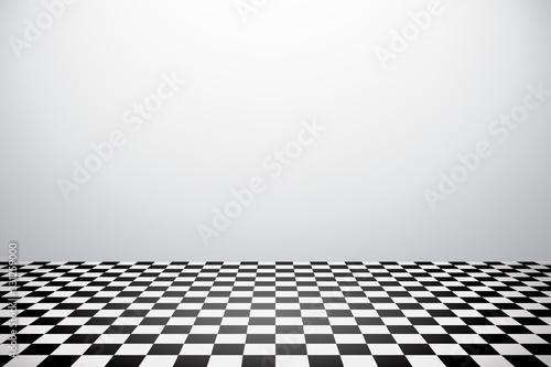White Wall With Black and White Checkered Perspective Tiles Front View Modern Contemporary Interior Design Style Vector Illustration