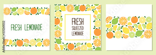 Cute set of Citrus Fruits Lemon, Lime and Orange backgrounds in vivid tasty colors ideal for Fresh Lemonade