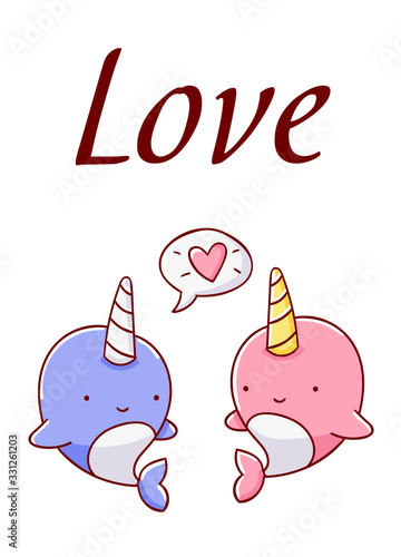 Cute kawaii hand drawn two narwhal doodles, lettering love, isolated on white background