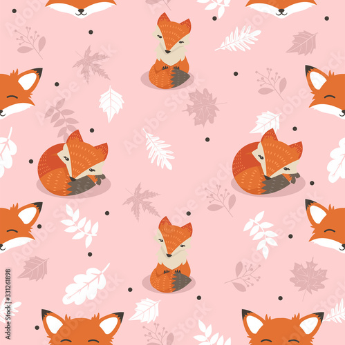 Cute foxes with leaves decoration seamless pattern