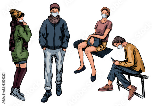 Collection of graphic sketches of people in protective masks on the street during viruses, quarantine.Hand drawn vector illustration in vintage retro style. Colored elements set isolated in white.