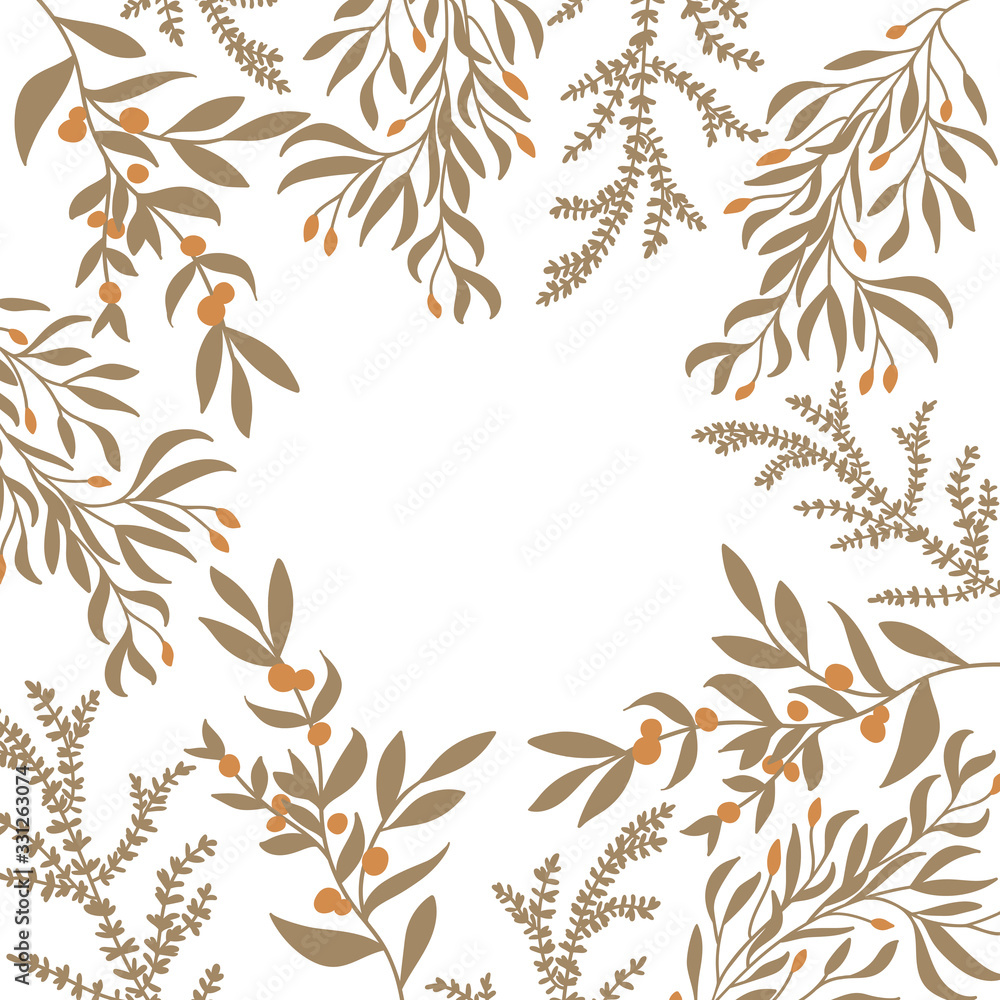 Fototapeta Round frame made of plants and branches with berry. Woodland wreath. Floral border. Template with copy space for wedding invitations and greeting cards. Flat. Vector stock illustration.