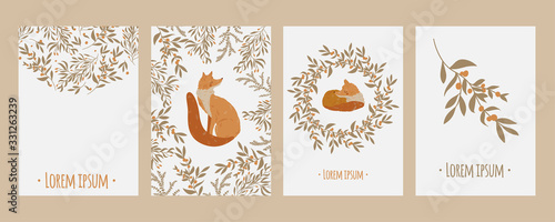 Set of greeting cards with cartoon sleep and dream fox, orange berries and leaves. Template for greeting cards and invitations. Autumn forest, woodland animals. Flat. Vector hand drawn illustration. 