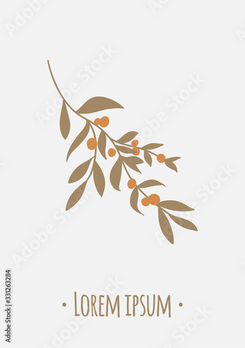 Template of greeting card with orange berries and leaves. Autumn forest. Floral design. Template with copy space for wedding invitation, greeting card and print. Flat. Vector hand drawn illustration.