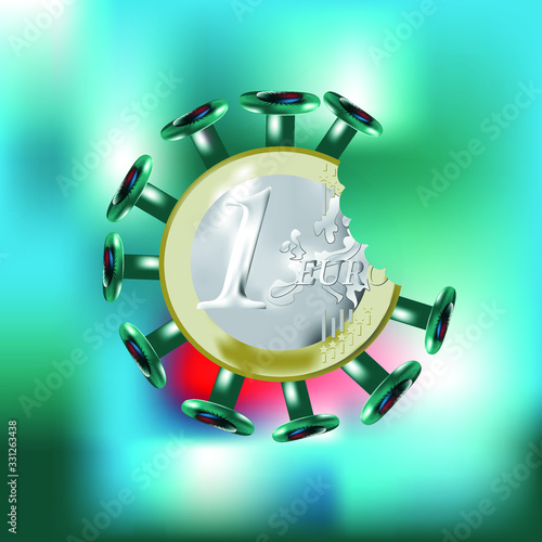 Vector coronavirus 2019-nCoV. Covid 19-NCP virus. Colorful symbol rendering of danger and loss of money symbol vector illustration. Colorfully interesting background with euro coin which has tentacles photo